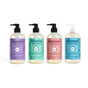 Mrs. Meyer's Spring Hand Soap Collection features four pump bottles—lilac, mint, rose, and honeysuckle scents—each with a colorful label, arranged side by side on a white background.