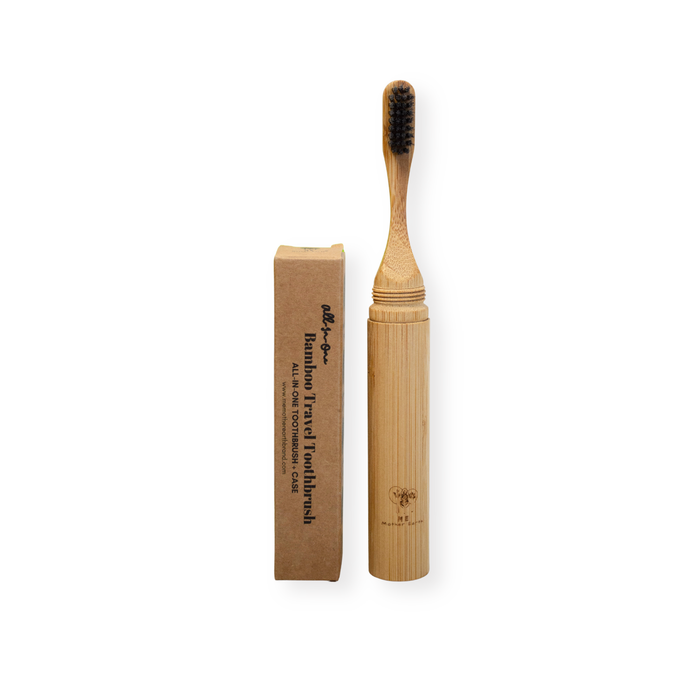 The Me Mother Earth All-in-One Bamboo Travel Toothbrush with Castor Oil Bristles, its refillable bamboo case, and a brown box labeled with the product name are displayed together on a white background.