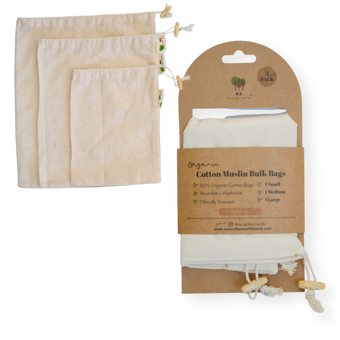 The Me Mother Earth Cotton Muslin Bulk Shopping Bags 3-Pack includes small, medium, and large off-white reusable bags, shown loose and bundled with a brown cardboard label highlighting their eco-friendly features.