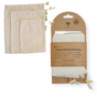 The Me Mother Earth Cotton Muslin Bulk Shopping Bags 3-Pack includes small, medium, and large off-white reusable bags, shown loose and bundled with a brown cardboard label highlighting their eco-friendly features.