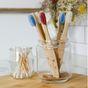 Four Me Mother Earth Kids Colorful Bamboo Toothbrushes with castor oil bristles stand in a glass jar, next to a smaller jar of cotton swabs. Soft-focus flowers and a bright bathroom highlight this sustainable oral care scene.