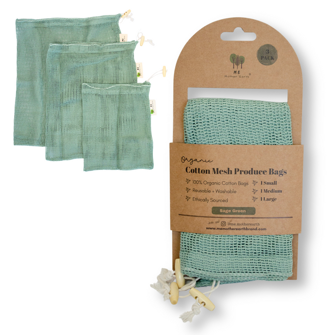 The Me Mother Earth Cotton Mesh Produce Bags-3 Pack includes small, medium, and large reusable sage green bags in recyclable packaging. Organic, ethically sourced, and washable—ideal for sustainable shopping.