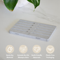 A Quick-Dry Diatomite Soap Dish, Face + Body by Me Mother Earth rests on a white surface beside a green plant. Icons below show its quick-drying, earth-friendly, plastic-free, and shampoo bar-extending benefits.