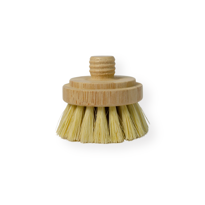 The Me Mother Earth Modular Sisal Multipurpose Brush Refill Head features a round bamboo base with stiff, plant-fiber bristles and a screw-on top, displayed against a white background.