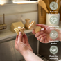 A person holds the Me Mother Earth Modular Sisal Multipurpose Brush over a kitchen sink. Circular icons show features: ideal for dishwashing, made from earth-friendly materials, reusable handle, replaceable bristles, zero waste cleaning.