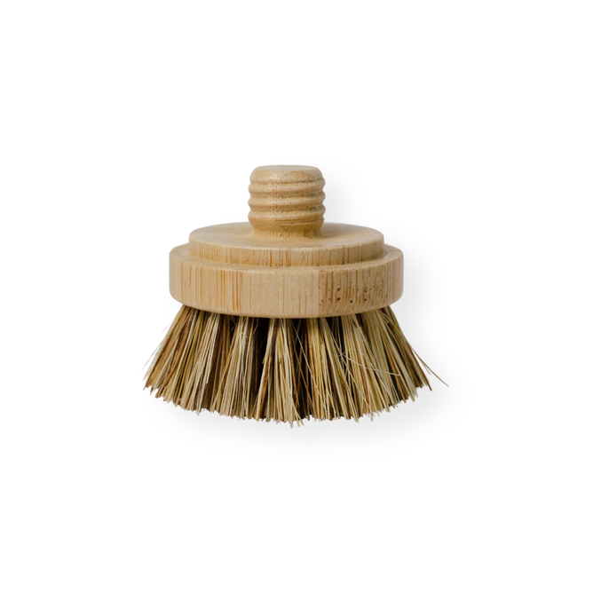 Me Mother Earth Scrub Brush for Pots and Pans - Refill Head Only: Round bamboo head with stiff natural sisal bristles and a threaded top for handle attachment. Ideal as a modular pot brush refill. Isolated on white background.