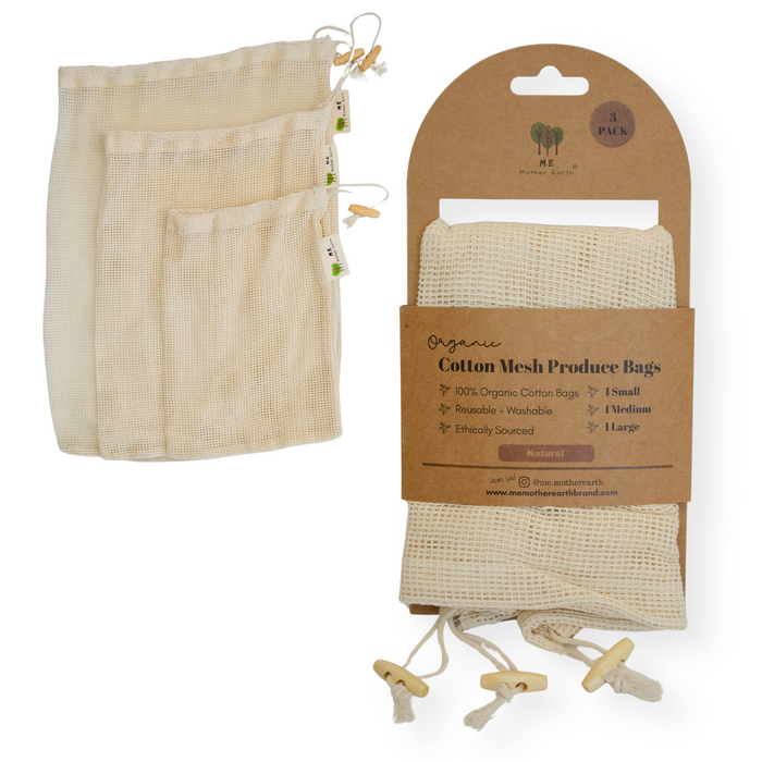The Me Mother Earth Cotton Mesh Produce Bags-3 Pack includes three reusable, organic, washable bags in different sizes with drawstring closures. Packaging highlights their eco-friendly design.