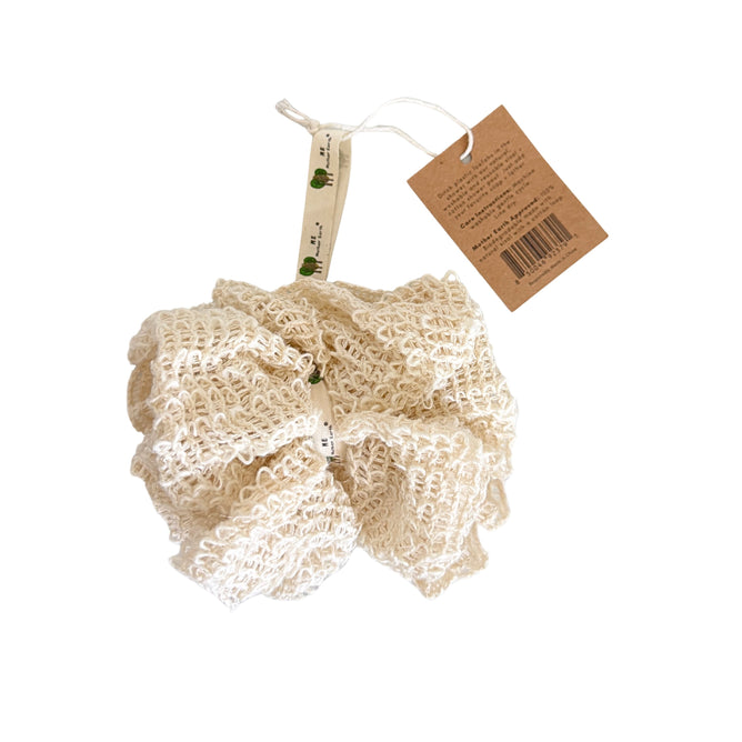 The Me Mother Earth Reusable Sisal Shower Pouf is a natural, beige-colored shower accessory featuring a ribbon and a brown tag, shown against a white background. This plastic-free pouf provides gentle exfoliation for smoother, healthier skin.