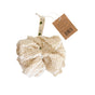 The Me Mother Earth Reusable Sisal Shower Pouf is a natural, beige-colored shower accessory featuring a ribbon and a brown tag, shown against a white background. This plastic-free pouf provides gentle exfoliation for smoother, healthier skin.