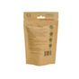 A brown, compostable Me Mother Earth pouch stands upright. Text spotlights fluoride-free, plant-based toothpaste tablets with ingredients, usage directions, eco-friendly info, vegan and cruelty-free icons. Website URL appears at the top.