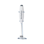 The Morning Made Modern Whisk is a handheld, battery-operated coffee frother with a white body, a chrome stand for upright storage, and a small electric whisk at the bottom.
