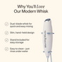 The Morning Made Modern Whisk is a slim, handheld mixer that doubles as a coffee frother. Features include a dual-blade whisk, storage stand, and easy cleaning by rinsing under water.
