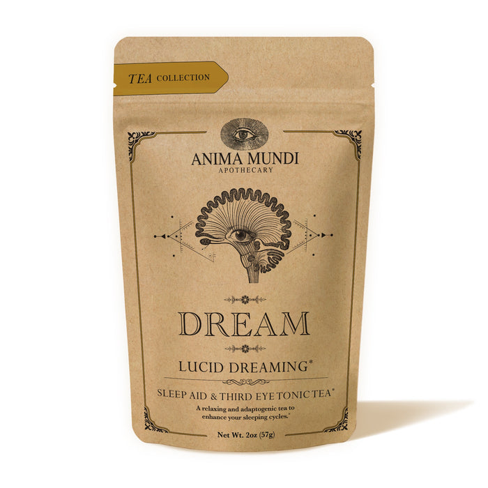 A brown pouch labeled Anima Mundi DREAM Tea, Sleep Aid + Third Eye Tonic, featuring an ornate eye design—crafted to support the nervous system and promote restful sleep.