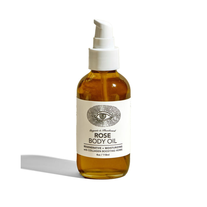 A clear amber bottle with a white pump, labeled “ROSE Body Oil, Regenerative + Moisturizing” by Anima Mundi; the label shows an eye and notes collagen-boosting, hydrating moringa seed oil, and regenerative benefits.