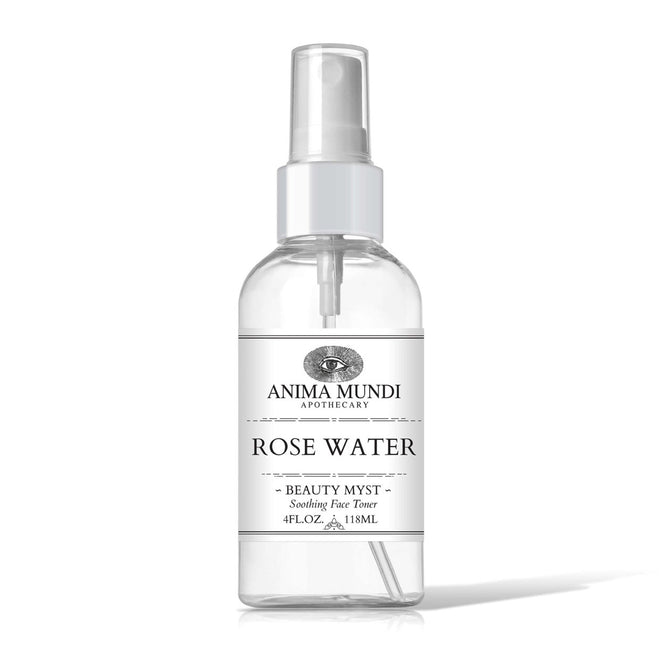 A clear spray bottle labeled Anima Mundi ROSE WATER Beauty Myst, Soothing Face Toner, 4 FL OZ (118 mL), is shown against a white background.