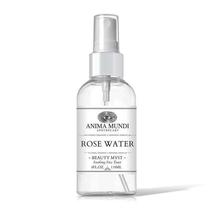 A clear spray bottle labeled Anima Mundi ROSE WATER Beauty Myst, Soothing Face Toner, 4 FL OZ (118 mL), is shown against a white background.