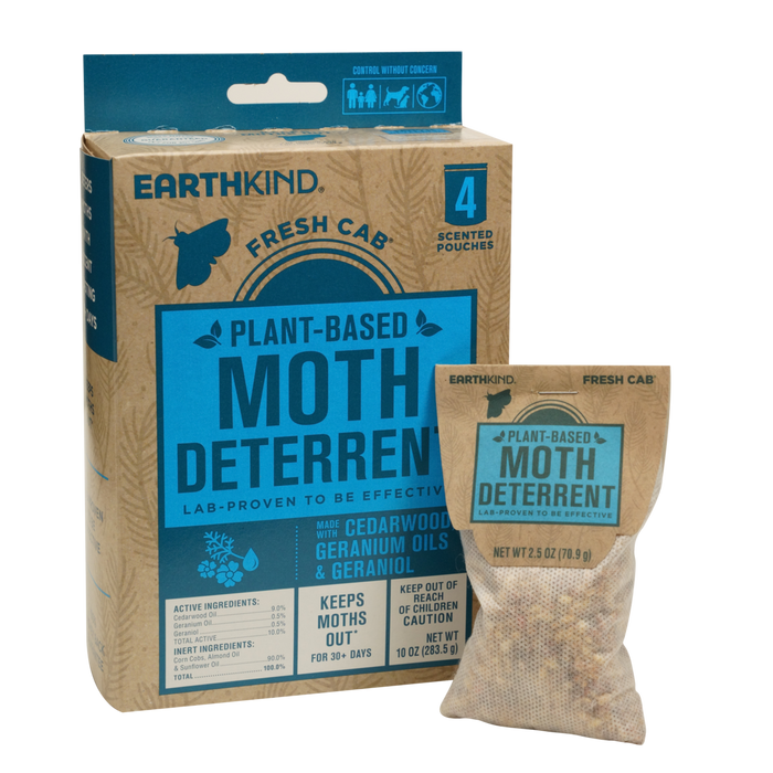 A box labeled Earthkind Fresh Cab® Moth Deterrent with a pouch in front. The package highlights cedarwood and geranium oils and contains four scented pouches for botanical closet moth protection, lasting over 30 days.