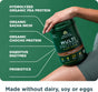 A person holds a green container of Ancient Nutrition Multi Protein Powder Plant Based. Text highlights its powerful blend of plant-based proteins, digestive enzymes, and probiotics, and notes it’s made without dairy, soy, or eggs.