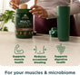 A person opens a container of Ancient Nutrition Multi Protein Powder Plant Based. Icons and text below highlight benefits: supports muscle health, reduces occasional bloating, and supports digestive health with probiotics and digestive enzymes.