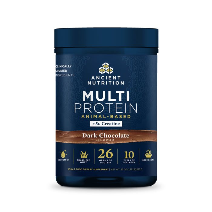 A blue container of Ancient Nutrition Multi Protein Powder Animal Based + Creatine in Dark Chocolate flavor, with 26g grass-fed whey protein, 10 collagen types, and 5g creatine per serving shown on the front label.