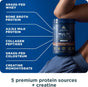 A container of Ancient Nutrition Multi Protein Powder Animal Based + Creatine in Dark Chocolate flavor rests on a person’s shoulder, with labels showing its protein sources: grass-fed whey, bone broth, A2/A2 milk, collagen peptides, colostrum, and creatine.