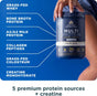 A person holds a container of Ancient Nutrition Multi Protein Powder Animal Based + Creatine. The label highlights protein from grass-fed whey, bone broth, A2/A2 milk, collagen peptides, grass-fed colostrum, and creatine monohydrate.