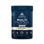 A blue and white container of Ancient Nutrition Multi Protein Powder Animal Based + Creatine, Vanilla Bean flavor, with grass-fed whey protein, 26g protein, 10 types of collagen peptides, 5g creatine monohydrate, and bone broth on the label.