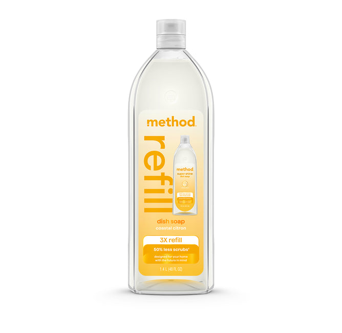 The method Super Shine Dish Soap in coastal citron comes in a tall, clear recycled bottle with yellow and white labels. This 3X refill uses 50% less plastic and is proudly cruelty-free.