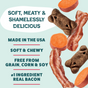 Shameless Pets Dog Meaty Tenders Treats - Soft & Chewy are shown alongside bacon strips and sweet potato slices, with text highlighting key features: soft, chewy texture, made in the USA, grain-free recipe free from corn and soy—these dog treats are crafted with real bacon as the main ingredient to help support your dog’s digestive health.