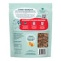 Back of a Shameless Pets Dog Meaty Tenders Treats - Soft & Chewy package displaying product information, feeding guidelines, an illustration of a happy dog holding a sign, a QR code, and grain-free soft & chewy treats made with sweet potatoes, white potatoes, and real meat in a clear window—thoughtfully crafted to support your dog’s digestive health.