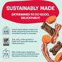 Shameless Pets Dog Meaty Tenders Treats - Soft & Chewy, made with sweet potatoes and real meat bacon, are pictured alongside eco-friendly icons. The text highlights wind-powered manufacturing, the use of upcycled ingredients, and packaging made from recycled materials. These grain-free treats support digestive health while offering a tasty reward your pet will love.