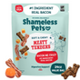A 24oz value bag of Shameless Pets Dog Meaty Tenders Treats - Soft & Chewy, featuring bacon, cheese, and carrots with illustrated pet graphics on the packaging. The label highlights real bacon, fiber for digestive support, and a soft, chewy texture dogs love.