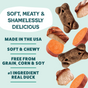 Shameless Pets Dog Meaty Tenders Treats - Soft & Chewy are grain-free, bone-shaped dog treats made in the USA with real duck as the main ingredient, supporting your dog’s digestive health. These tasty duck and sweet potato pieces are soft, chewy, and perfect for rewarding your pup.