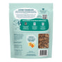 Back of a Shameless Pets Dog Meaty Tenders Treats - Soft & Chewy bag displaying product details, nutritional facts, sustainability information, and a window showing the bone-shaped treats. Text emphasizes real meat, upcycled ingredients, food waste reduction, and support for improved digestive health.