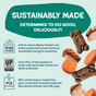 Shameless Pets Dog Meaty Tenders Treats - Soft & Chewy are surrounded by images of sweet potato and carrot pieces, highlighting their sustainable features like wind-powered production, upcycled ingredients, and post-consumer recycled packaging. These grain-free treats are made with real meat to support your dog’s digestive health while being gentle on the planet.