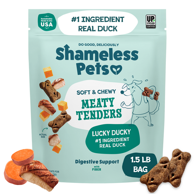 A 1.5 lb bag of Shameless Pets Dog Meaty Tenders Treats - Soft & Chewy, in the Lucky Ducky flavor. The packaging features images of tender treats, duck, and sweet potato, and highlights real duck as the main ingredient along with fiber for digestive support and optimal health. These grain-free dog treats from Shameless Pets are crafted with real meat to provide your pet a wholesome snacking experience.