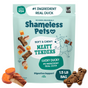A 1.5 lb bag of Shameless Pets Dog Meaty Tenders Treats - Soft & Chewy, in the Lucky Ducky flavor. The packaging features images of tender treats, duck, and sweet potato, and highlights real duck as the main ingredient along with fiber for digestive support and optimal health. These grain-free dog treats from Shameless Pets are crafted with real meat to provide your pet a wholesome snacking experience.