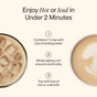 Instructional graphic for Morning Made Mushroom Latte - Original (60 servings): Left—iced latte; right—hot, frothy Lion’s Mane latte. Center: Combine mix with water, whisk, then add hot or cold milk.