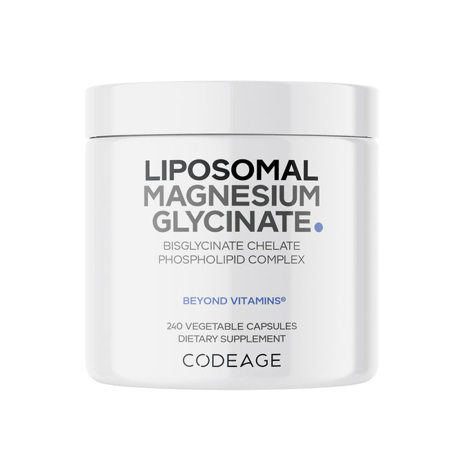 A white bottle labeled Codeage Liposomal Magnesium Glycinate, 240 capsules, features magnesium bisglycinate chelate and a phospholipid complex; it's a dietary supplement.