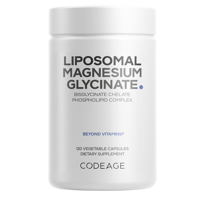 Codeage Magnesium Glycinate features a phospholipid complex with magnesium bisglycinate chelate in a white bottle containing 120 vegetable capsules, promoted as a premium magnesium supplement.