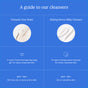 A blue guide compares two cleansers: Fantastic Face Wash (foaming gel for normal, oily, or acne-prone skin with exfoliation) and Ursa Major Making Moves Milky Cleanser (enzyme-powered facial milk for hydrating dry or sensitive skin). Images included.