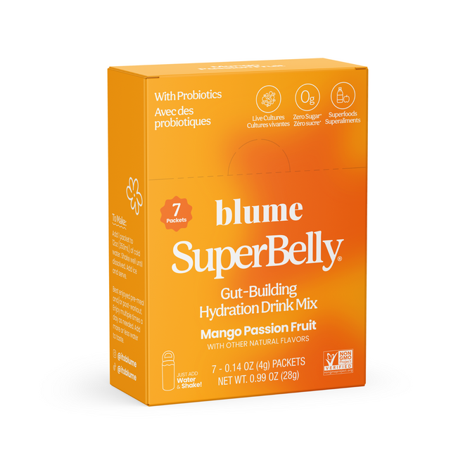 Blume SuperBelly Probiotic Hydration Powder - Sample in an orange box, featuring “Gut-Building Hydration” for optimal gut health, packed with probiotics, zero sugar, superfoods, and includes 7 packets of Mango Passion Fruit drink mix, displayed against a white background.