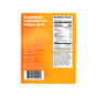 Back of a blume SuperBelly Probiotic Hydration Powder - Sample box displaying nutrition facts, ingredient list, and a description about supporting optimal gut health with probiotics and superfoods. The orange box features white and yellow text, emphasizing the probiotic benefits for digestive wellness.