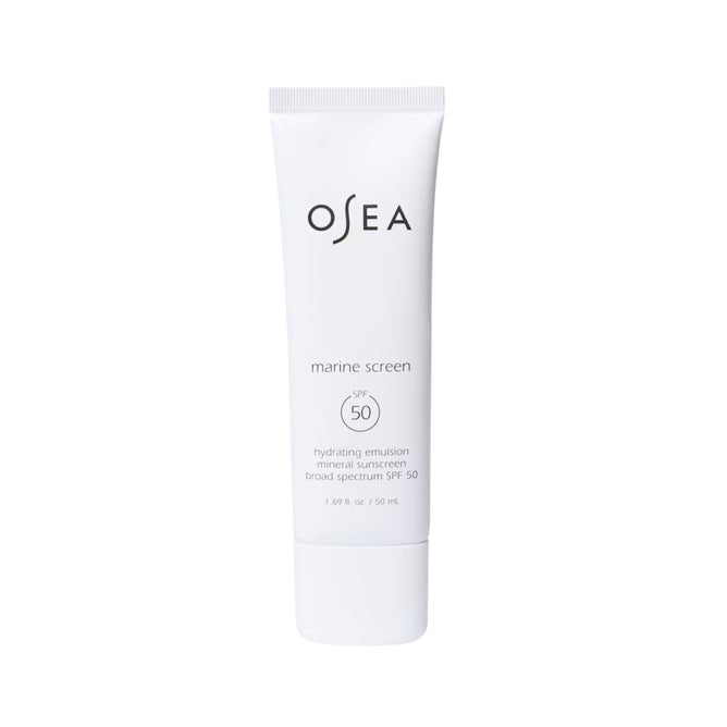 A white 1.69 fl oz (50 mL) tube of OSEA Marine Screen SPF 50 Mineral Sunscreen with non-nano zinc oxide and hydrating emulsion, featuring minimalist black text on the packaging.