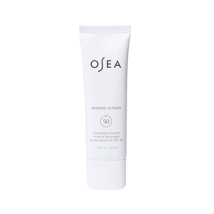 A white 1.69 fl oz (50 mL) tube of OSEA Marine Screen SPF 50 Mineral Sunscreen with non-nano zinc oxide and hydrating emulsion, featuring minimalist black text on the packaging.