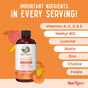 MaryRuth’s Morning Multivitamin +Hair Growth Liquid (15.22 oz) is shown with fruit illustrations and text highlighting key nutrients: Vitamins A, C, D, E, Methyl B12, Lustriva, Biotin, Zinc, Choline & Folate for hair and skin health.