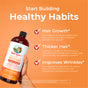 A hand holds a bottle of MaryRuth’s Liquid Morning Multivitamin + Hair Growth, 30 fl oz, against an orange background, with text highlighting benefits: hair growth, thicker hair, reduced wrinkles, and better skin health.