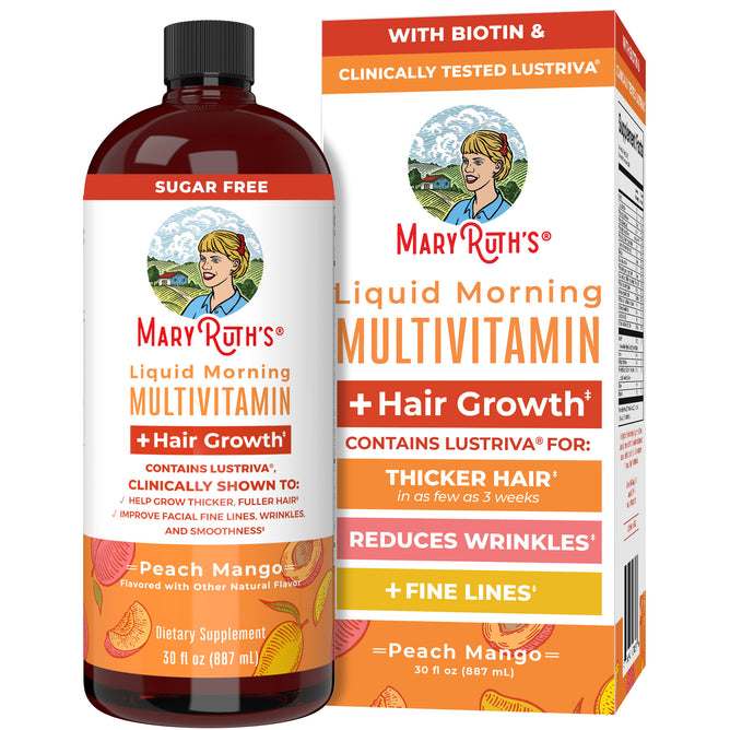 MaryRuth's Liquid Morning Multivitamin + Hair Growth, 30 fl oz, in Peach Mango flavor; sugar free, with biotin and natural flavors to promote thicker hair and better skin health. Includes bottle and box.