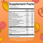 MaryRuth’s Liquid Morning Multivitamin + Hair Growth, 30 fl oz: Supplement Facts label shows vitamins, minerals, Lustriva™ for skin health over a background with orange/yellow fruits. Ingredients appear below in orange and white text.