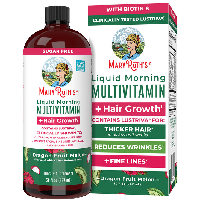 A bottle and box of MaryRuth’s Morning Multivitamin + Hair Growth Liquid in Dragon Fruit Melon flavor, featuring Lustriva for hair thickness and wrinkle reduction, with colorful packaging highlighting its benefits.